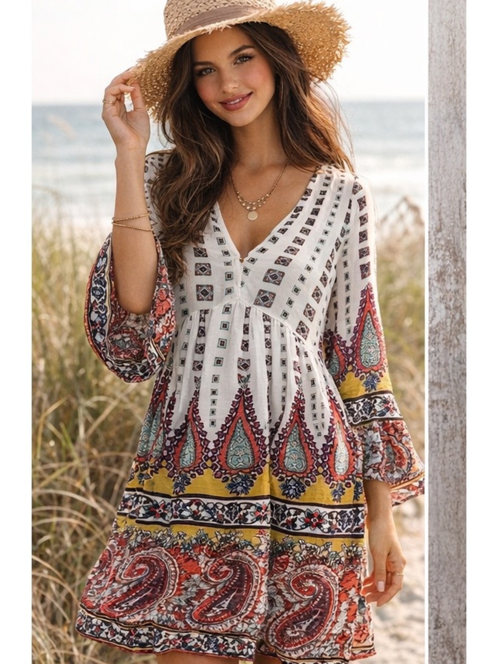 Bohemian  Paisley Babydoll Dress Bell Sleeve V Neck Tunic M